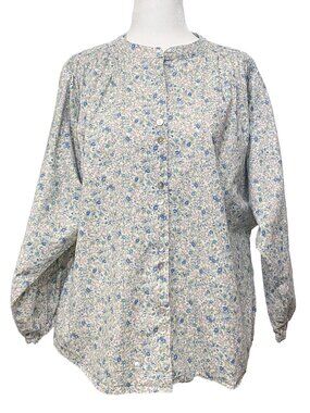 SBJ Austin Floral Button Down Blouse Band Collar Gathered Sleeves Cotton OS